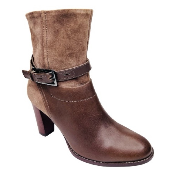 Clarks Kacia Garnet Brown Suede/Leather Buckle Accent Heeled Ankle Boots Booties - Picture 1 of 15